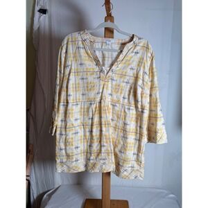 Dressbarn Woman Yellow Plaid Split V-Neck Tunic Blouse 18/20 Plus Size